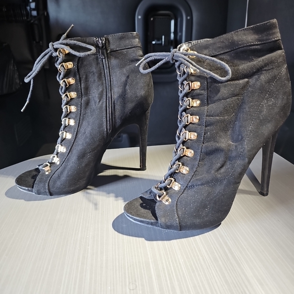 Charlotte Russe Women's‎ 9 Stiletto High Heels Black Peep-Toe Bootie Lace-Up